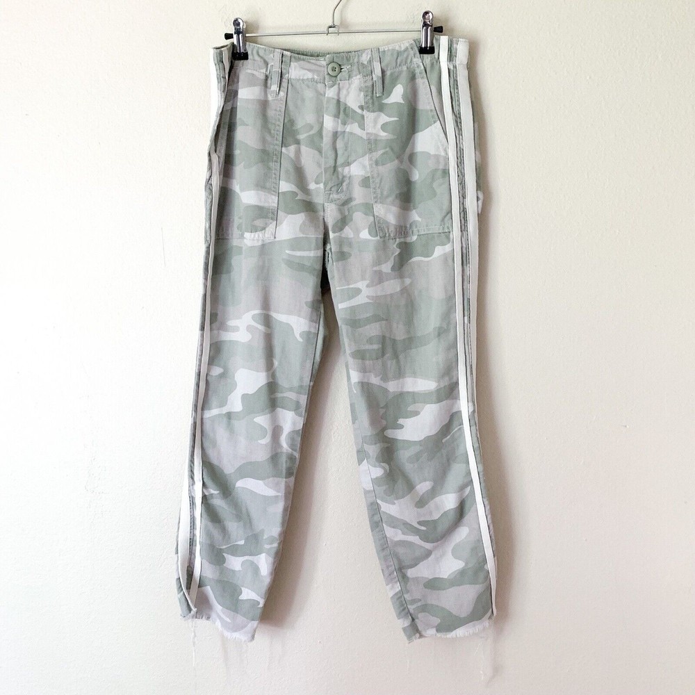 Mother The Shaker Crop Fray Pants 27 Desert Print Camo Green Linen Blend
